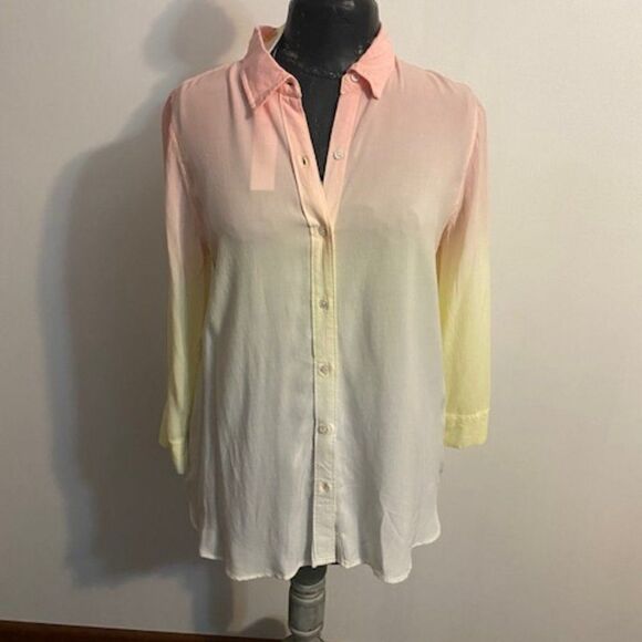 Intro. Pink/Yellow/White button-down 3/4 roll tab sleeves blouse, size S - Picture 1 of 3